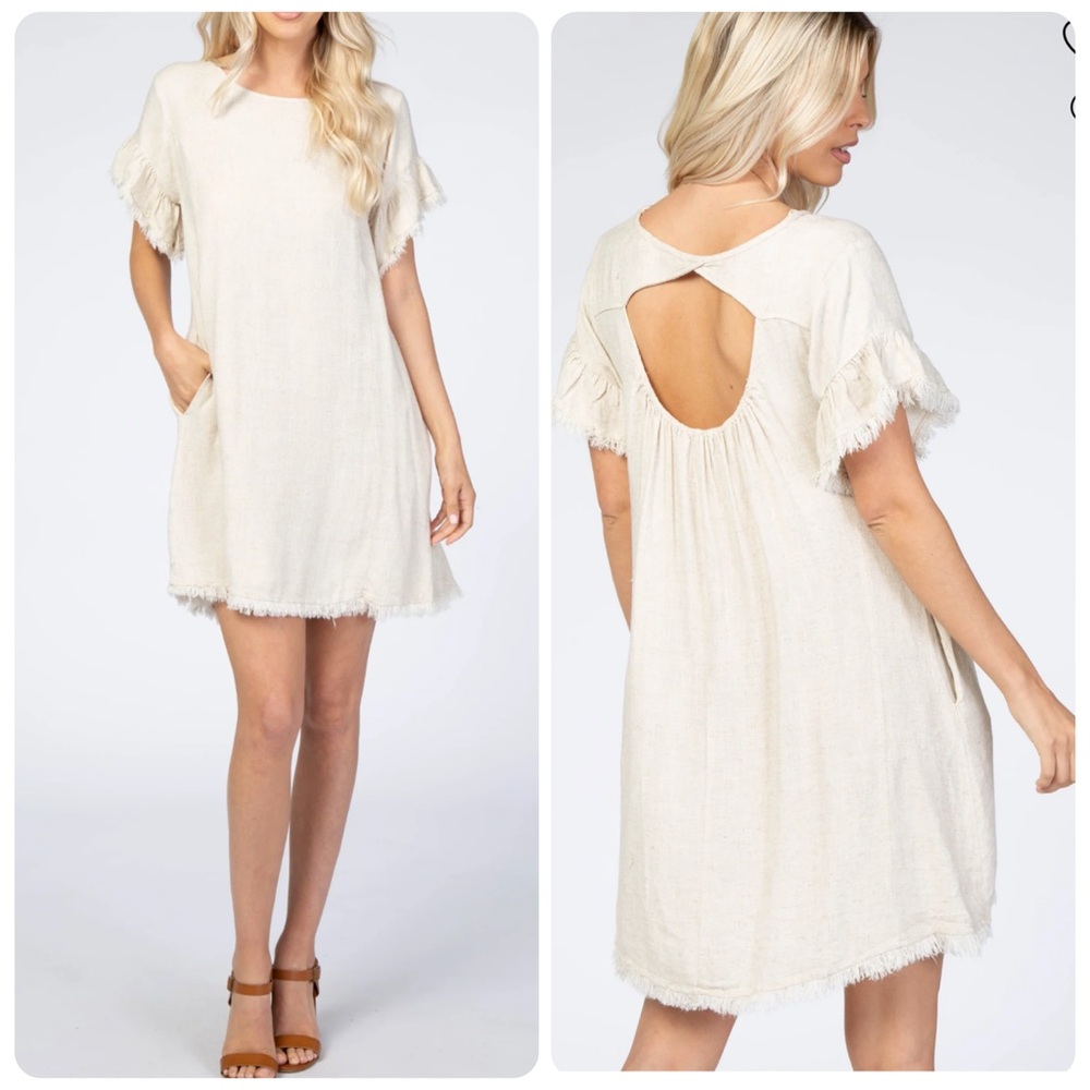 BAD LITTLE COUNTRY GIRL TINA cream Beige Linen Blend SHIRT DRESS Fray Hem size S